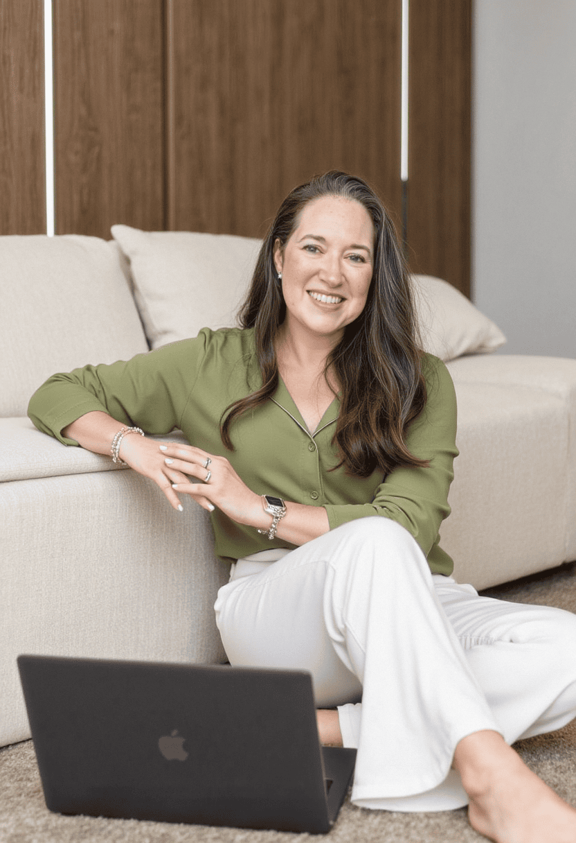Benah Parker, Ph.D. seated on carpet with laptop, relaxed and approachable in an olive green blouse