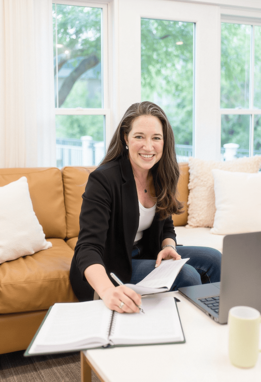 	Benah Parker, Ph.D. working on notes with laptop open, smiling in a cozy, well-lit office