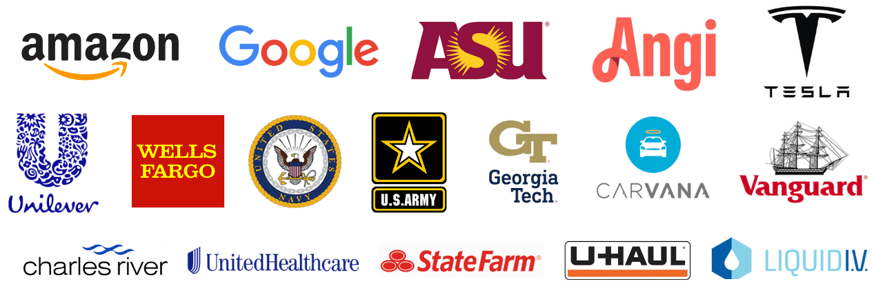 Logos from past clients including Amazon, Google, ASU, Unilever, Wells Fargo, US Navy, United Healthcare, among others