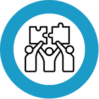 Align icon – three people holding puzzle pieces representing alignment of shared values ntic voice, values, and instincts