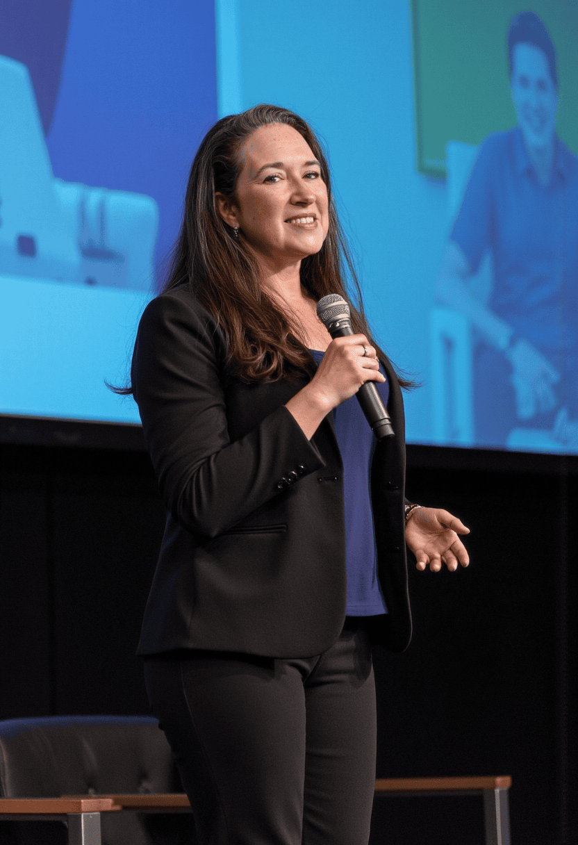 Benah Parker, Ph.D. in a black suit and blue top presenting from a stage with a microphone in hand and projection screen behind