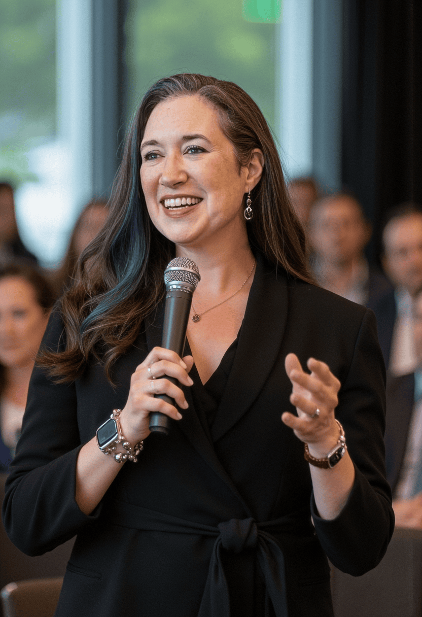 Benah Parker, Ph.D. smiling with microphone in hand presenting in front of a room of people